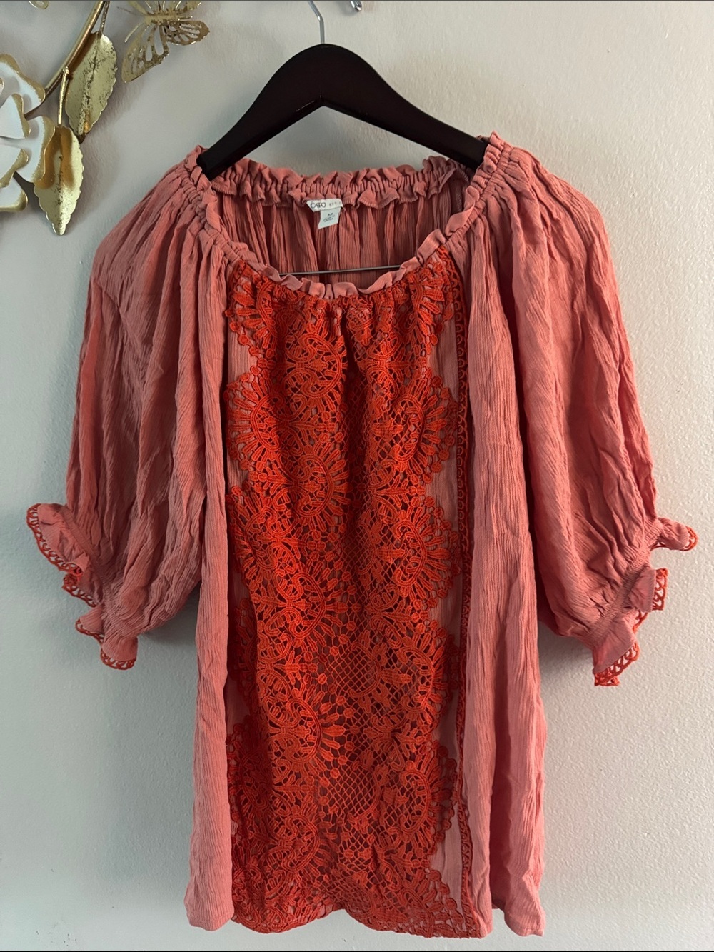 Cato Pink Blouse with Red Lace Front Peasant Top